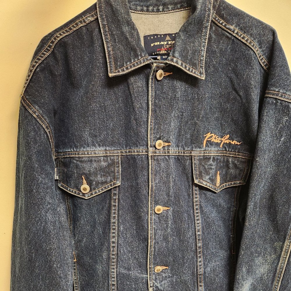 Phat Farm Dark Blue Embroidered Button Down Denim Jean Jacket Vintage Y2K